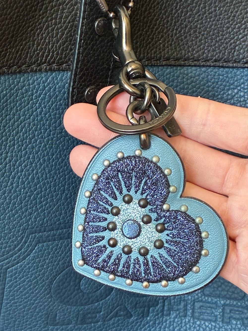 Coach Embroidered Glitter Heart Bag Charm Key Chain With Rivets, Blue / Gunmetal